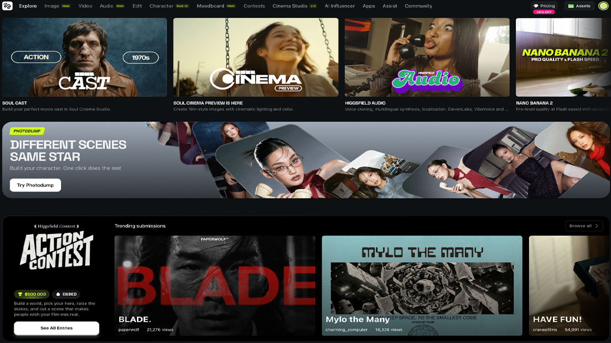 Higgsfield AI dashboard showing Soul Cast, Soul Cinema Preview, Higgsfield Audio, Nano Banana 2, Photodump character builder, and trending contest submissions