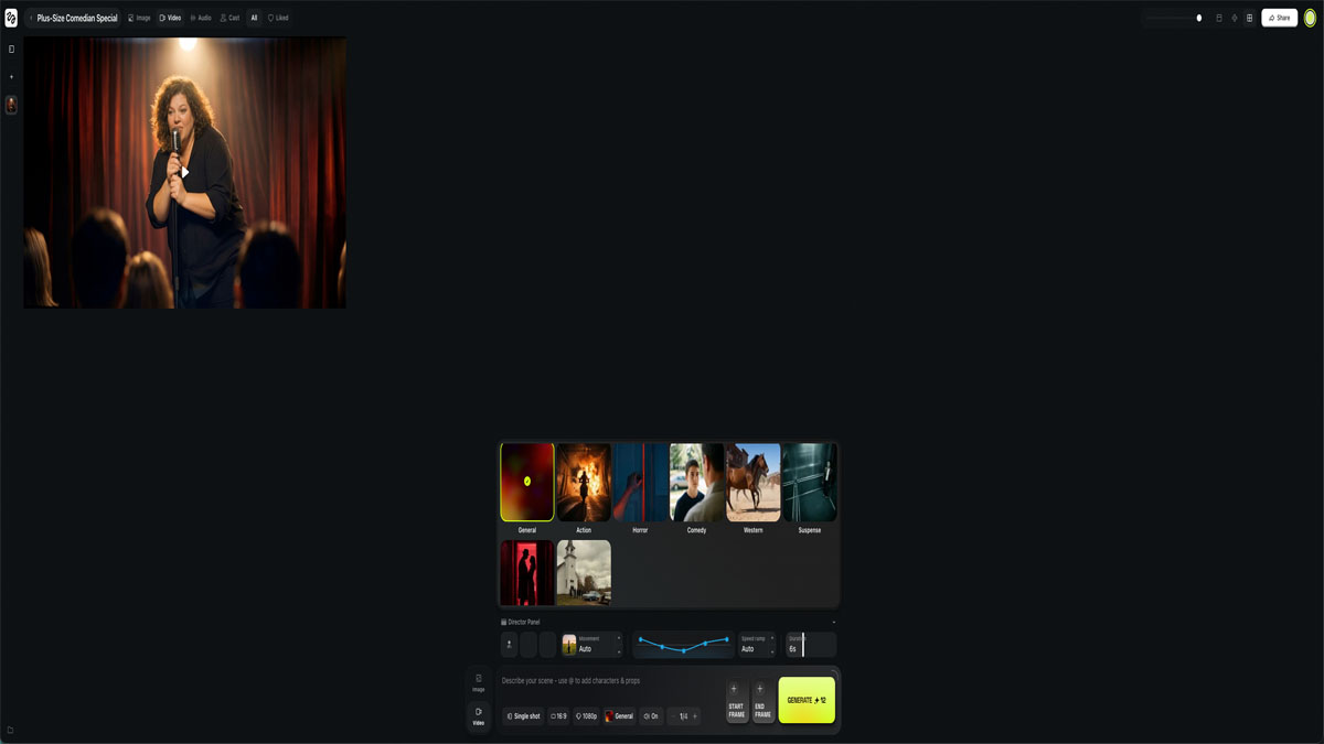 Higgsfield Cinema Studio camera controls panel showing crash zoom, dolly, orbit, crane, and pedestal options with genre-based presets