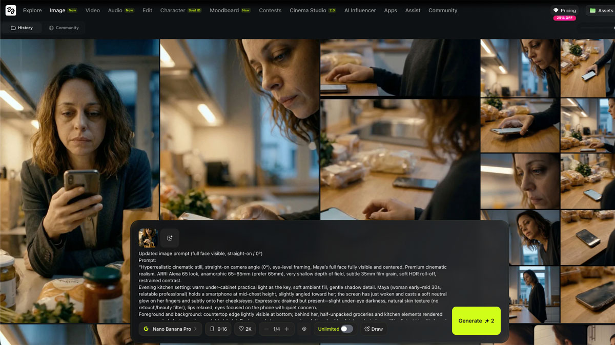 Higgsfield image generation interface showing a detailed cinematic prompt, Nano Banana Pro model selected, 9:16 aspect ratio, and generated photo-realistic results