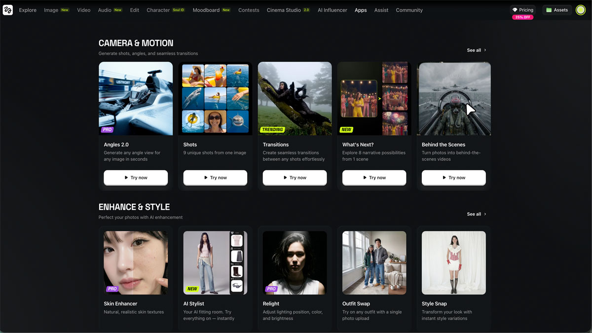 Higgsfield Apps page showing Camera and Motion tools like Angles 2.0, Shots, and Transitions, plus Enhance and Style effects like Skin Enhancer, AI Stylist, Relight, and Style Snap