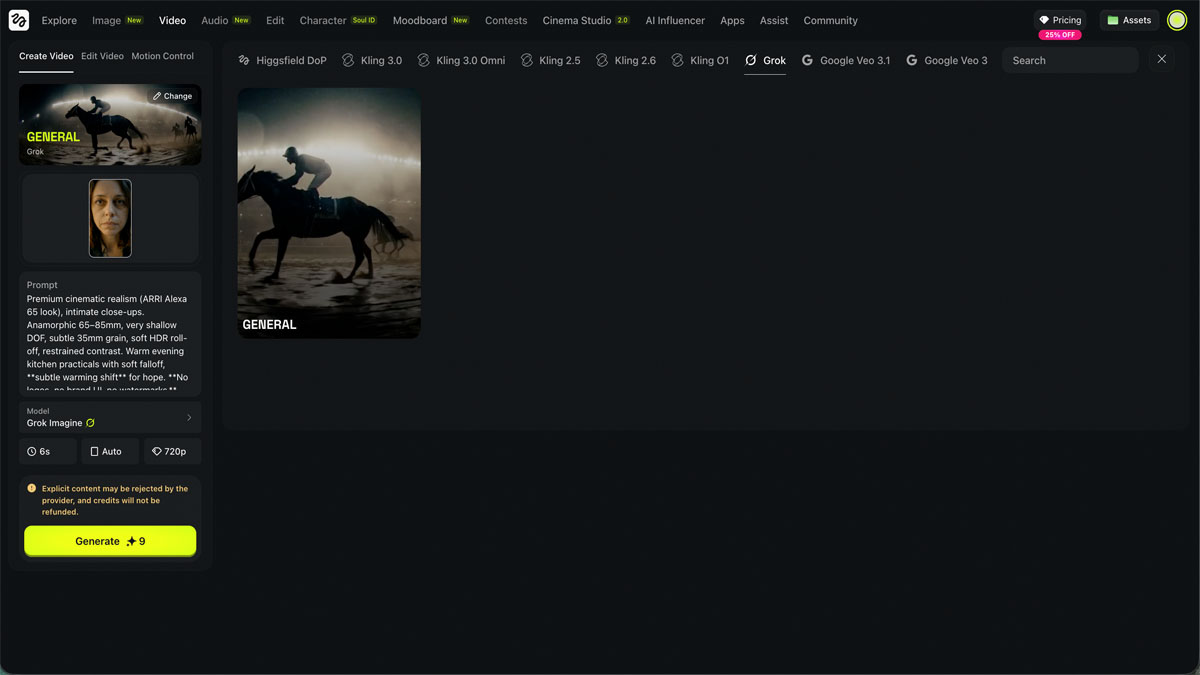 Higgsfield video creation interface showing multiple AI models including Kling 3.0, Grok Imagine, and Google Veo 3.1, with a cinematic prompt and generated video output