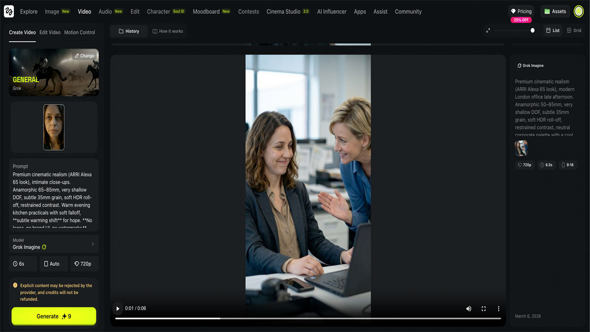 Higgsfield finished video output showing a generated 6-second cinematic clip at 720p with Grok Imagine model, playback controls, and export options